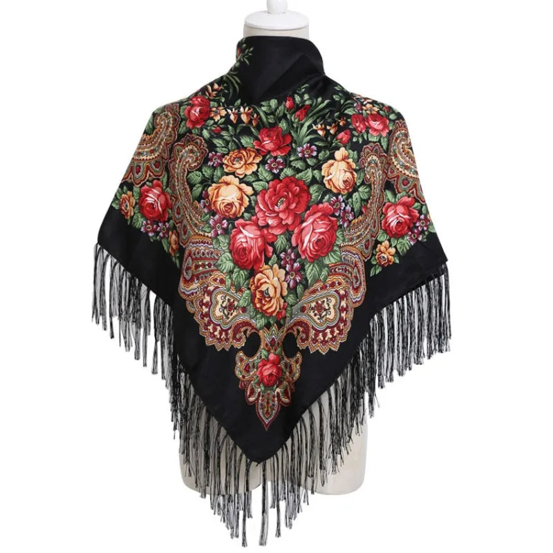 Damen Luxus Floral Bedruckter Schal russische ukrainische Fransen Babuschka Taschentuch Kopftuch
