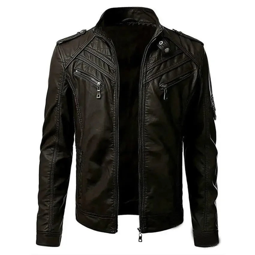 Herren Kunstleder Casual High-End-Mode Jacke mit Stehkragen
