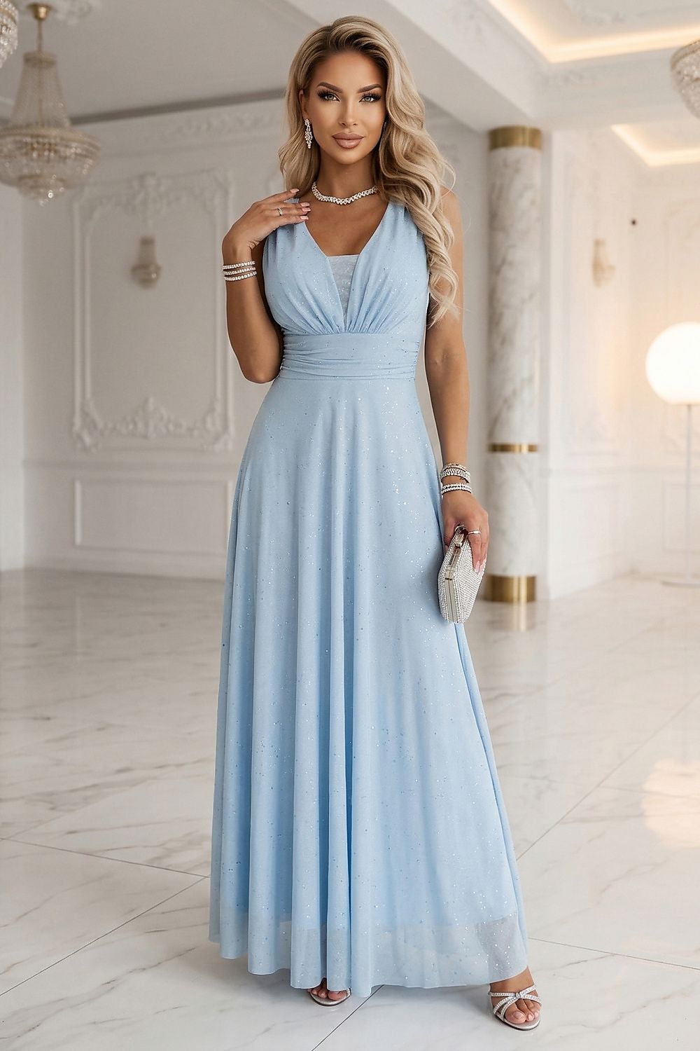 Samen Maxi Abendkleid, Wickel-V-Ausschnitt, Gürtel & Glanzakzent von Numoco Basic blau