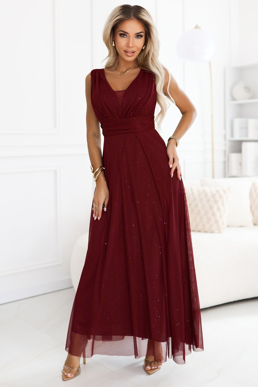 Samen Maxi Abendkleid, Wickel-V-Ausschnitt, Gürtel & Glanzakzent von Numoco Basic weinrot