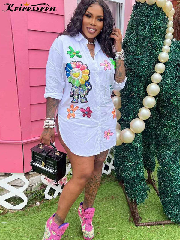 Damen Perlenbesetzte Hemdkragen Bluse Top Blumen Stickerei