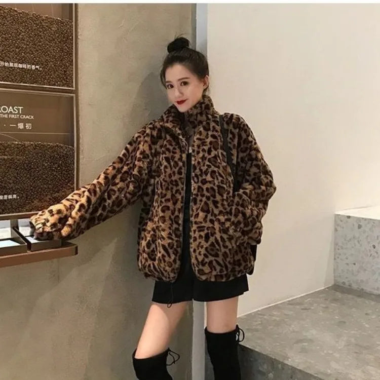 Damen Leoparden Print lockere Kunstpelz Jacke