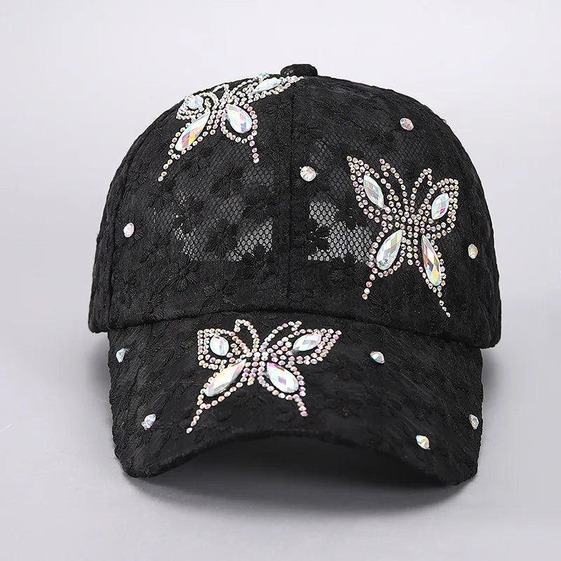 Damen Baseball Caps Spitze Strass Atmungsaktive Mesh Snapback Hut Hip Hop