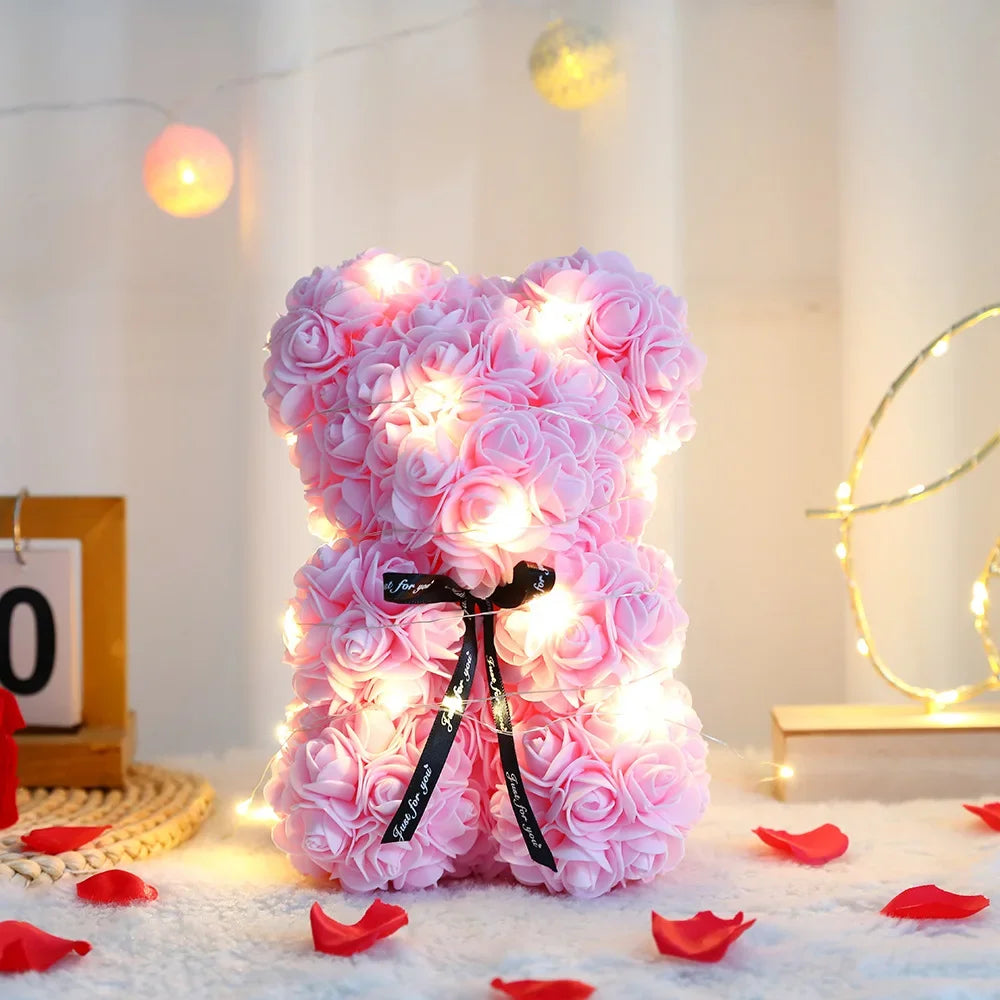 Künstlicher Teddybär mit Rose und Box, romantisches Geschenk