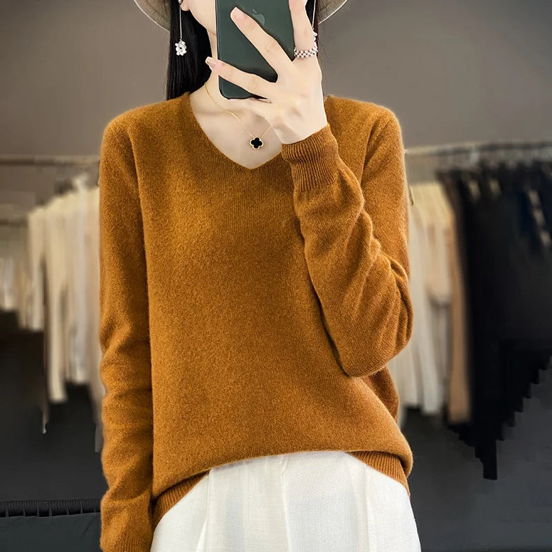 Frauen Merinowolle Pullover V-Ausschnitt Basic Pullover Herbst Winter Kaschmir