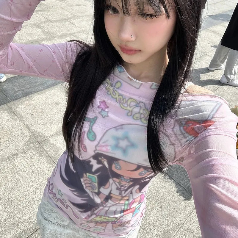 Anime Print Mesh Top durchsichtiges Shirt