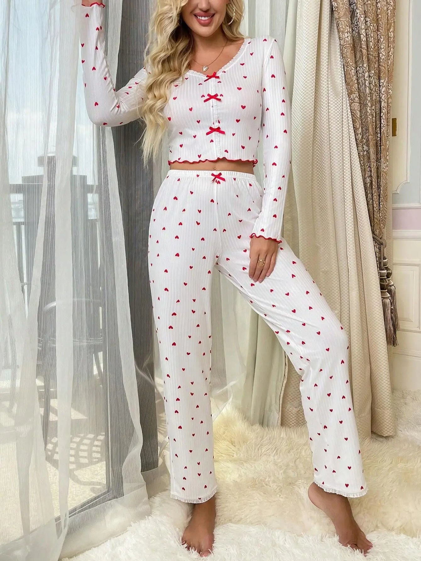 Elegantes weiß geripptes Vintage Pyjama Loungewear Set für Damen