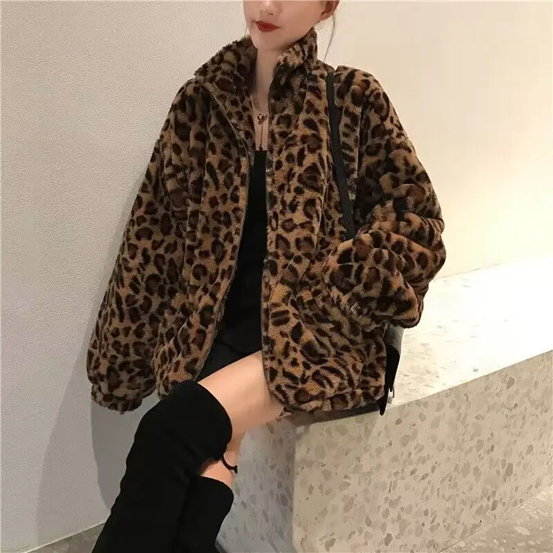 Women's leopard print loose faux fur jacket