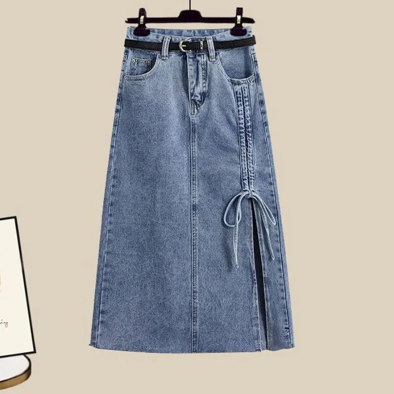 Summer oversized two piece skirt set for women long sleeve blouse high waist