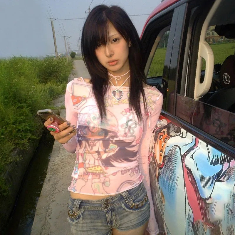 Anime Print Mesh Top durchsichtiges Shirt