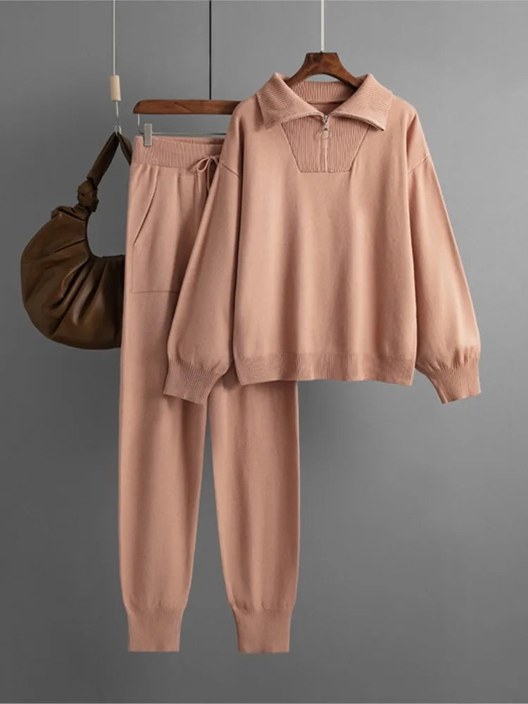Winter Women Knitted Suit Warm Pants 2 Piece Set Ladies Outfit Pants Oversized