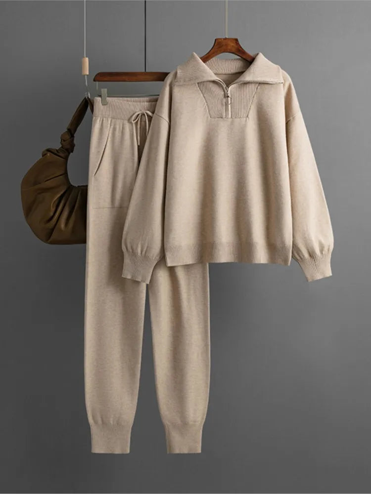 Winter Women Knitted Suit Warm Pants 2 Piece Set Ladies Outfit Pants Oversized