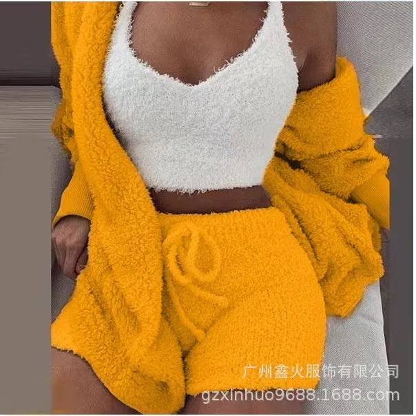 Women's 3 Piece Fluffy Winter Pajama Set Crop Tops and Loose Shorts, Plus Size