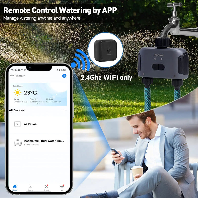 Insoma Automatischer Wassertimer mit WLAN Hube 2-Auslass Gartenbewässerung Bewässerungssystem Sprinkler kompatibel mit Alexa