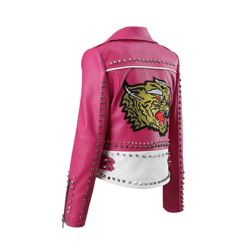 Punk Nieten Lederjacke Damen – Streetwear Trend aus Kunstleder mit Stickerei