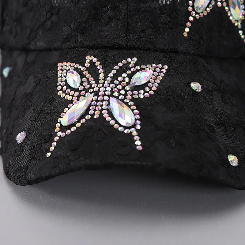 Damen Baseball Caps Spitze Strass Atmungsaktive Mesh Snapback Hut Hip Hop