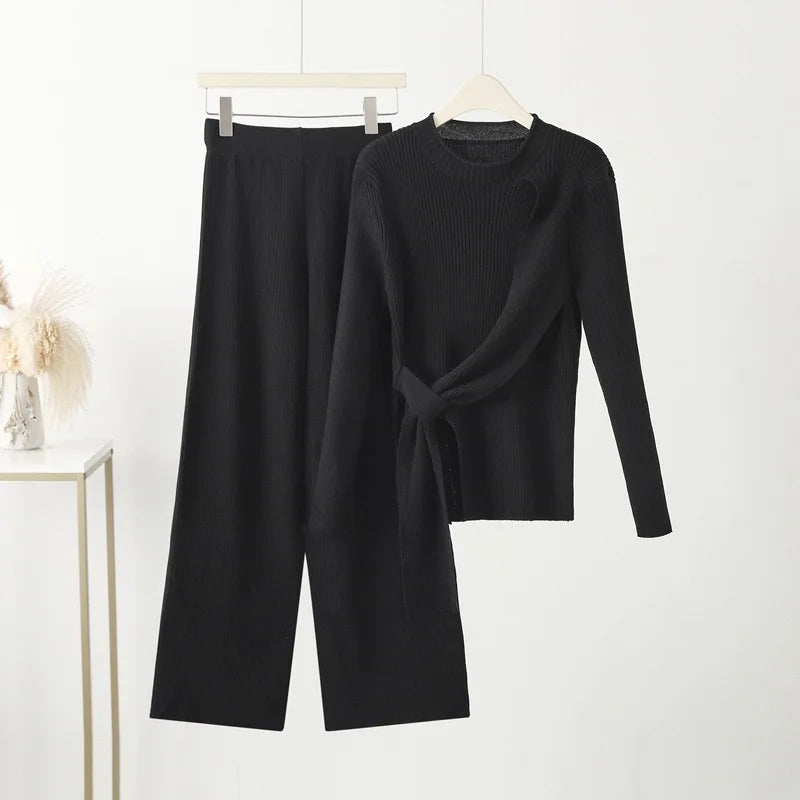 Damen gestricktes Conjuntos 2-teiliges Set, langärmlige Pullover, Hose mit hoher Taille und weiten Beinen