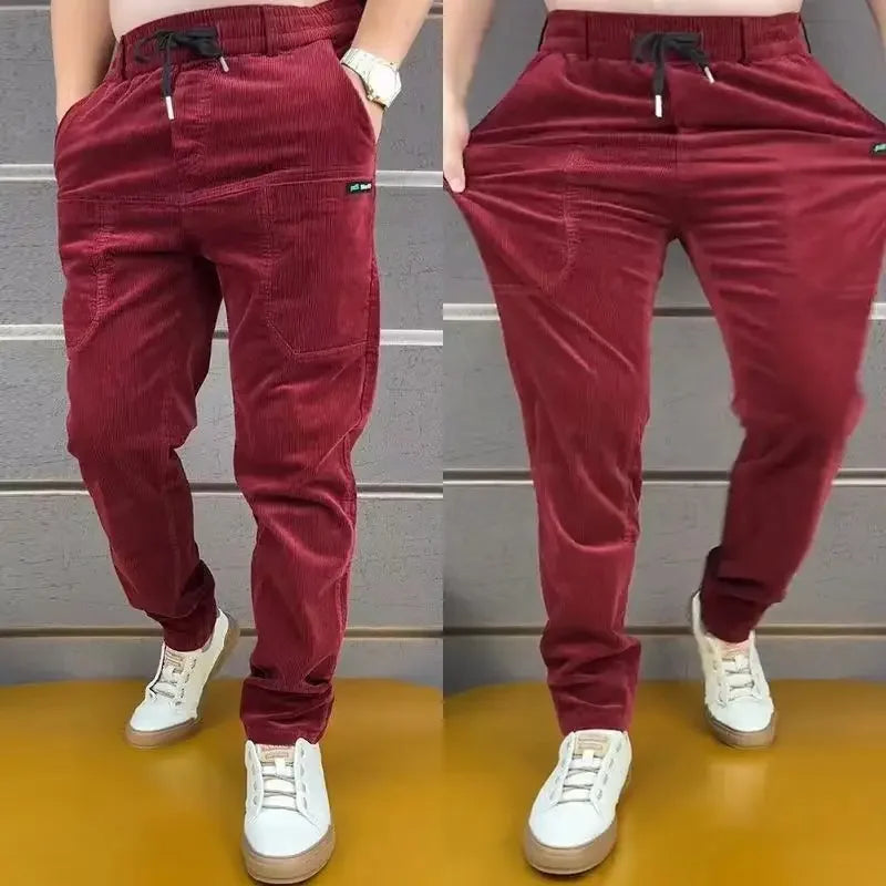 Men's corduroy cargo pants, simple, loose, American, retro, casual, elastic