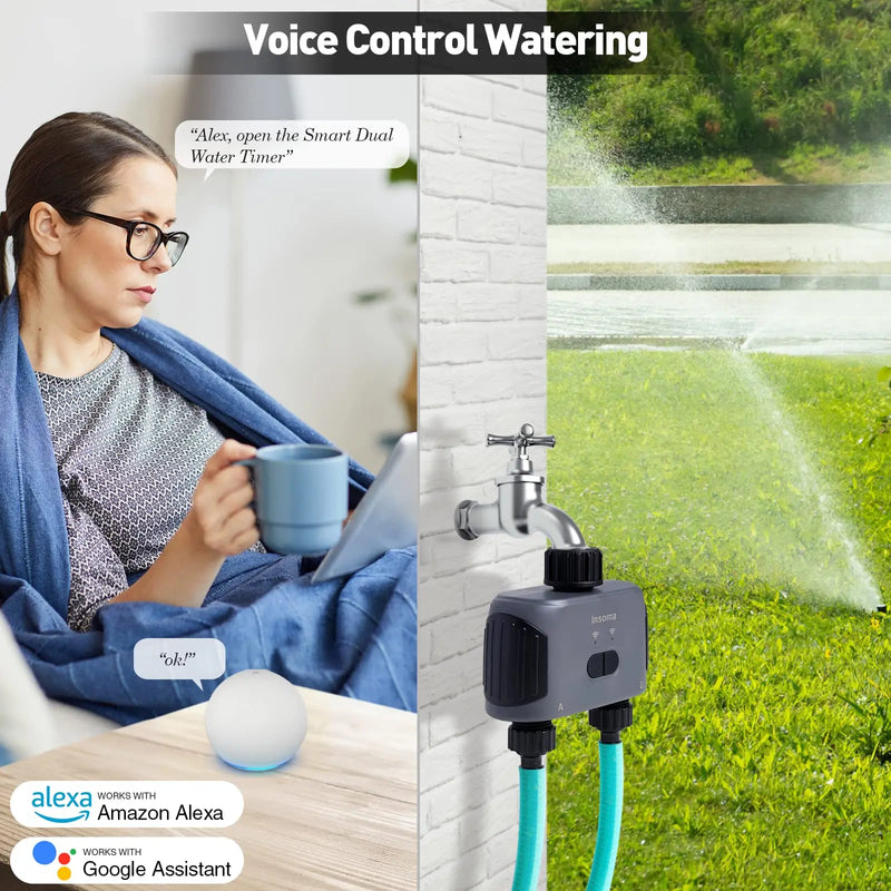 Insoma Automatischer Wassertimer mit WLAN Hube 2-Auslass Gartenbewässerung Bewässerungssystem Sprinkler kompatibel mit Alexa