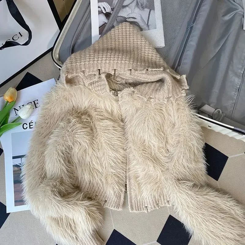 Damen Kapuzen Strickjacke mit Fell