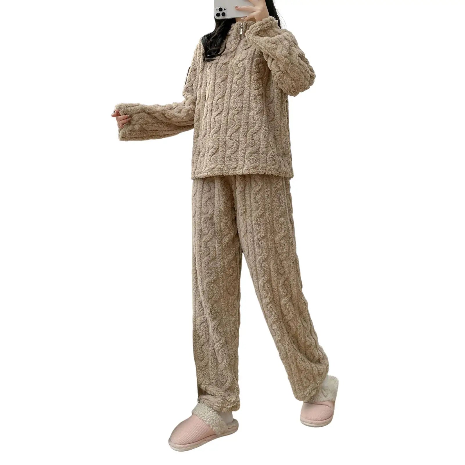 Weibliches Samt Pyjama Set Fleece Hosenanzug Nachtwäsche Loungewear