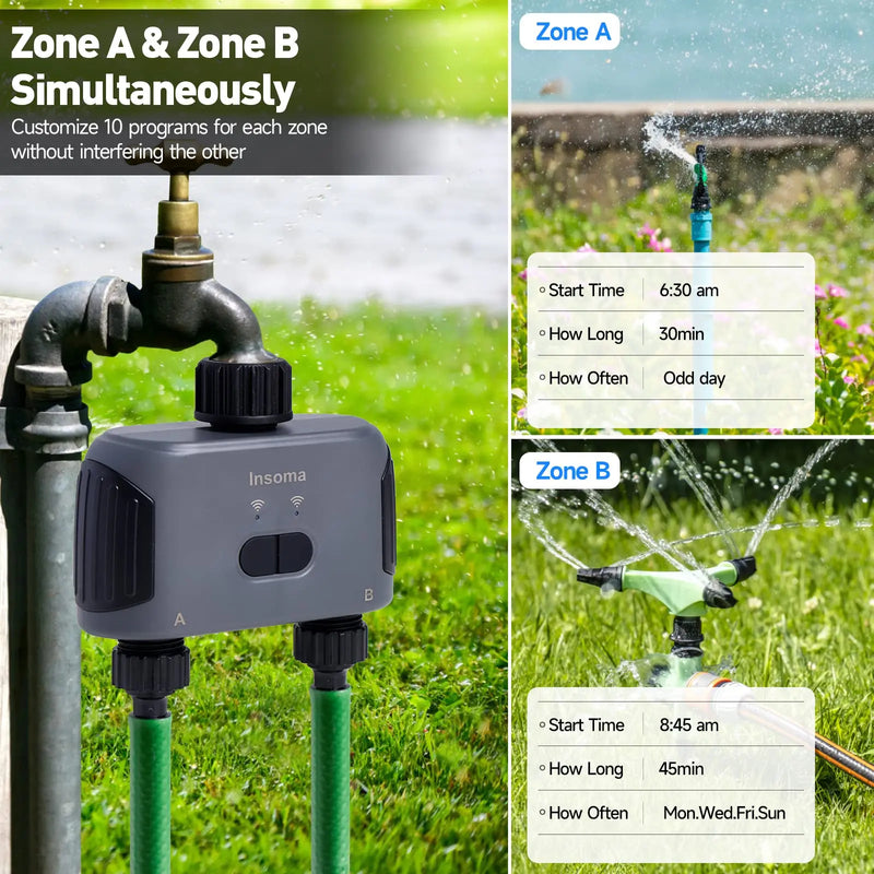 Insoma Automatischer Wassertimer mit WLAN Hube 2-Auslass Gartenbewässerung Bewässerungssystem Sprinkler kompatibel mit Alexa