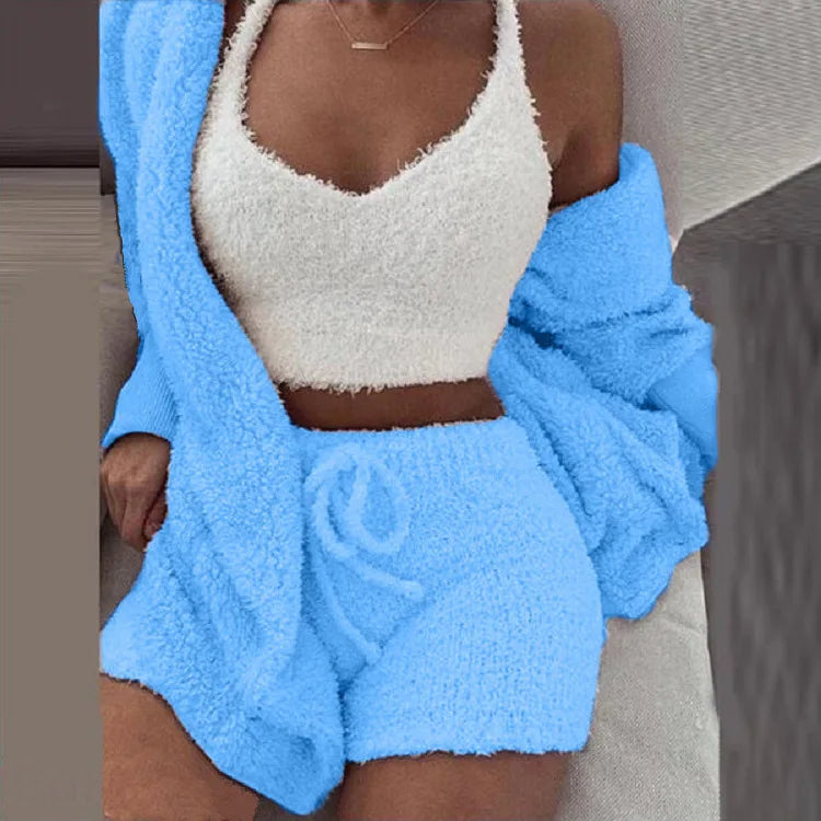 Damen 3 teiliges flauschiges Winter Pyjama-Set Crop Tops und lockere Shorts, Übergröße