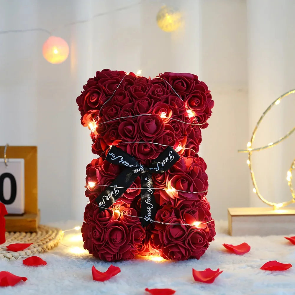 Künstlicher Teddybär mit Rose und Box, romantisches Geschenk
