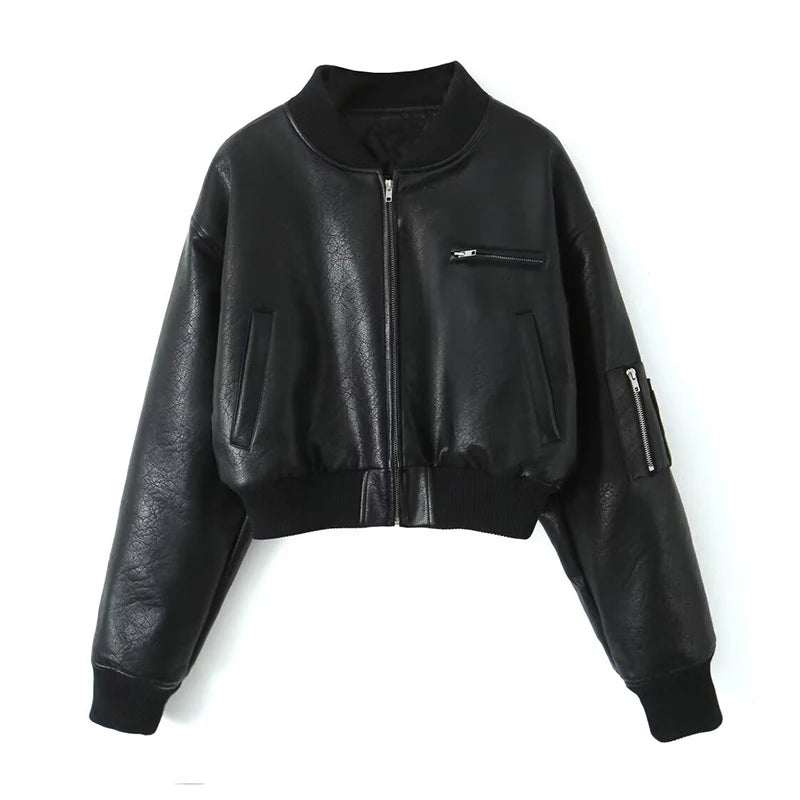 Women's Retro Crop Faux Leather Bomber Jacket