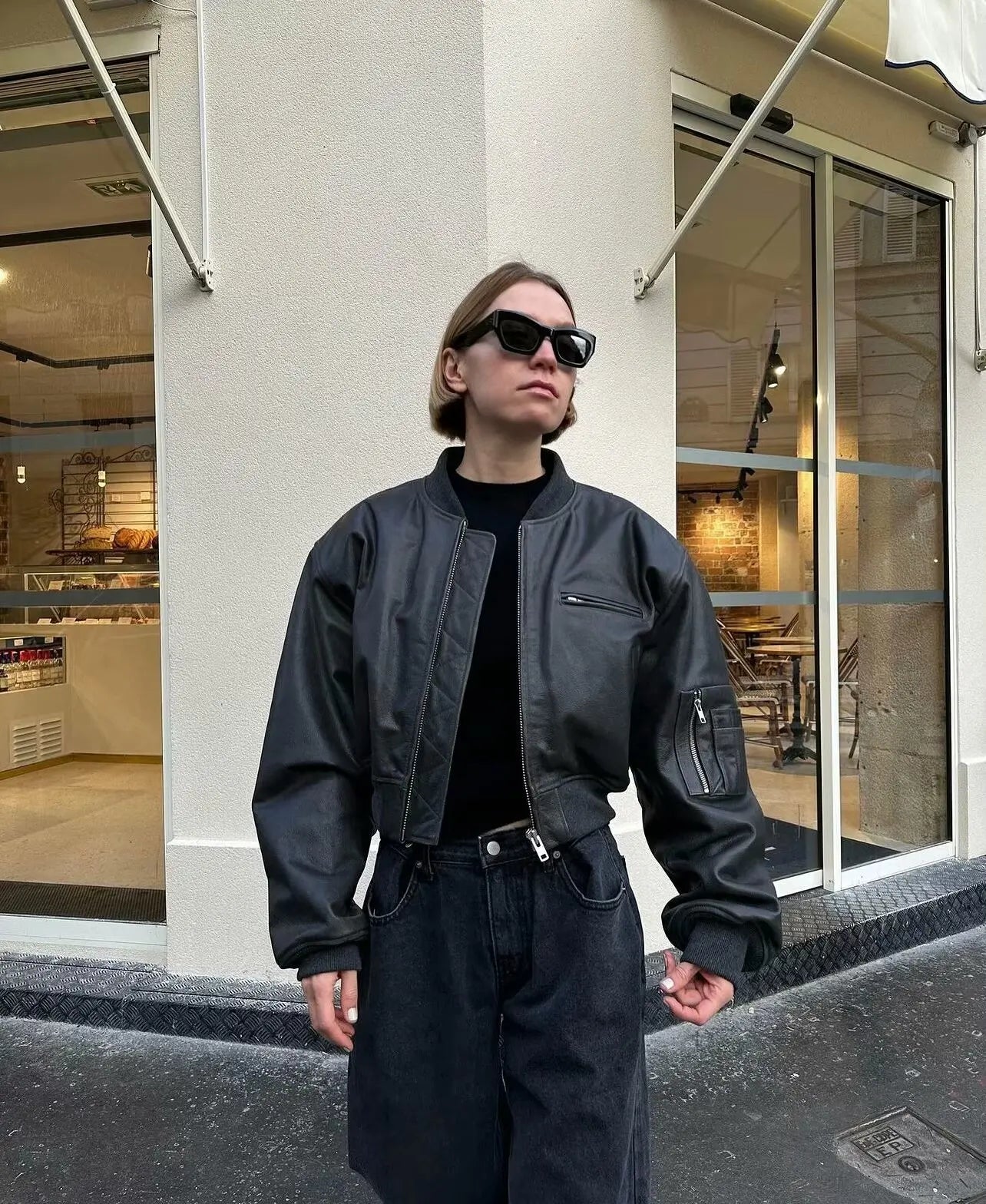 Damen Retro Crop Kunstleder Bomber Jacke