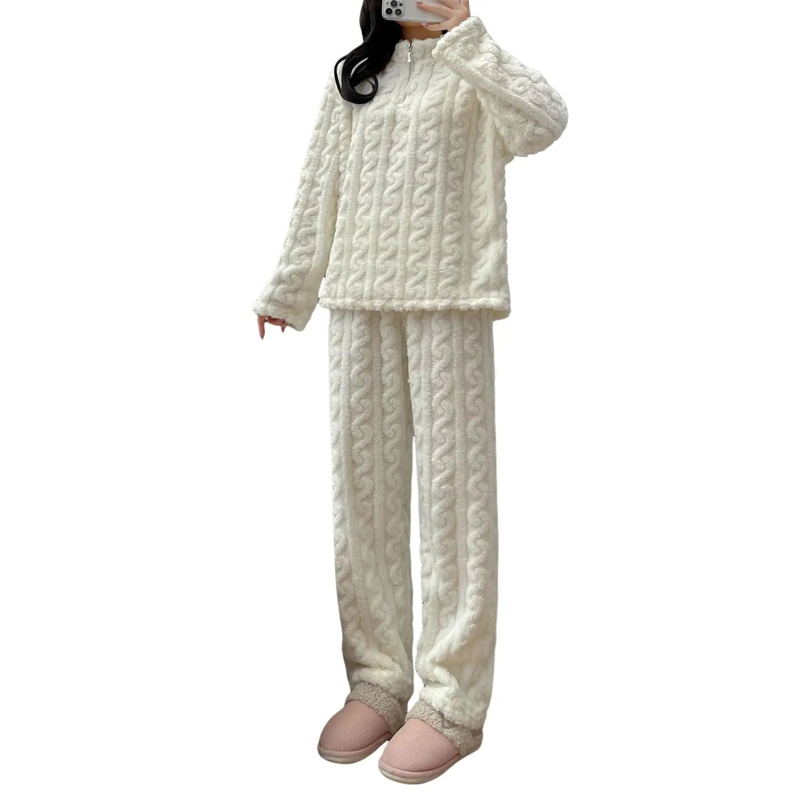 Weibliches Samt Pyjama Set Fleece Hosenanzug Nachtwäsche Loungewear