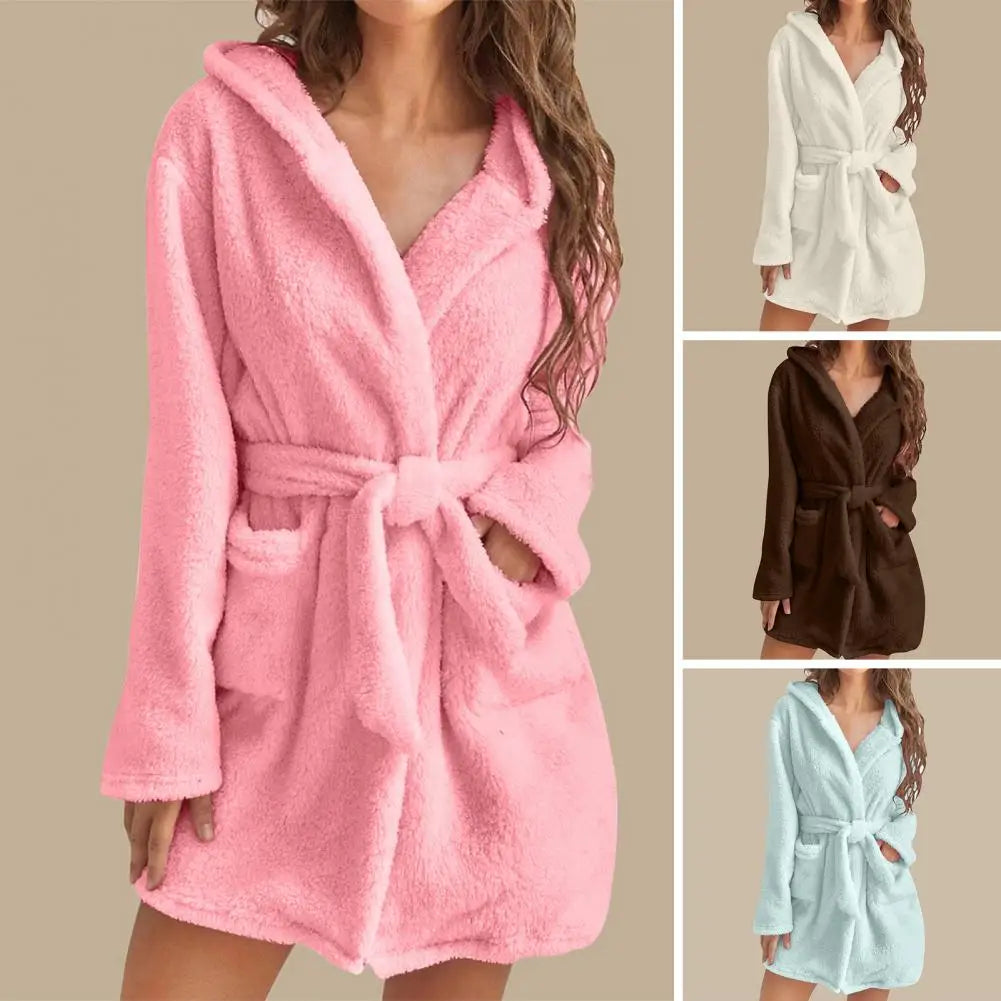 Women's Fluffy Bathrobe Long Warm Hooded Flannel Kimono Dressing Gown