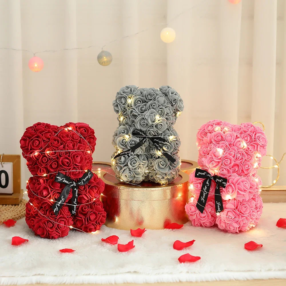 Künstlicher Teddybär mit Rose und Box, romantisches Geschenk