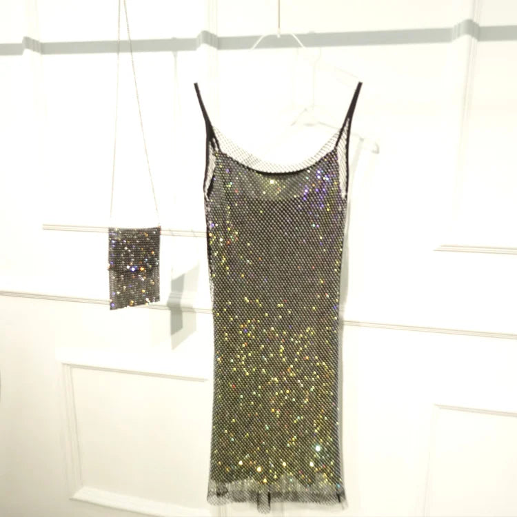 Sexy funkelndes Diamanten Strass Mesh Damen Mini Kleid