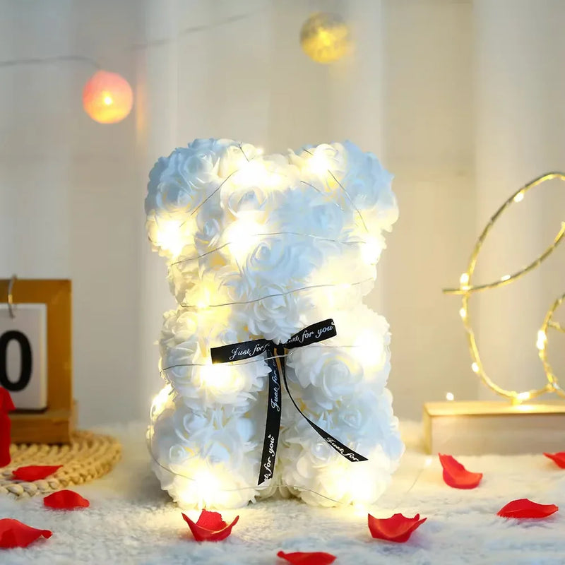 Künstlicher Teddybär mit Rose und Box, romantisches Geschenk