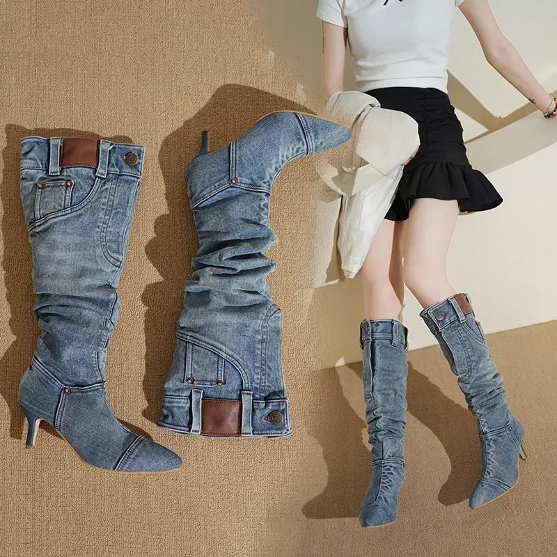 Damen Denim Jeans Designer Stiefel rutschfest