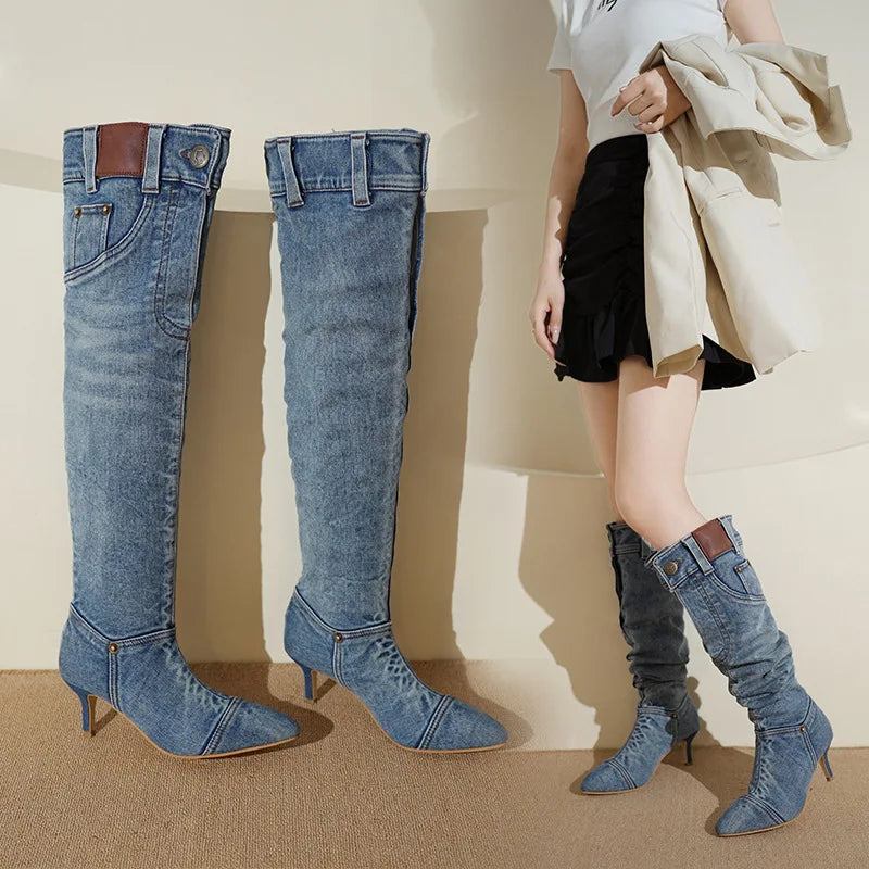 Damen Denim Jeans Designer Stiefel rutschfest