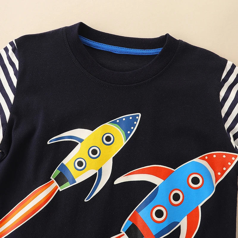 Little maven – vêtements pour enfants, T-shirt rayé à manches longues, fusée lumineuse, automne