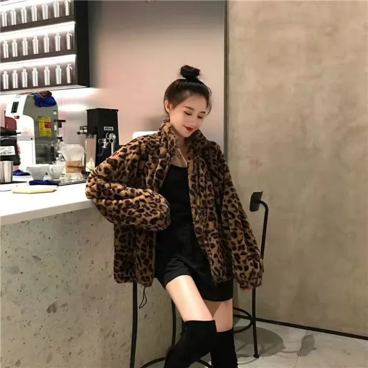 Damen Leoparden Print lockere Kunstpelz Jacke
