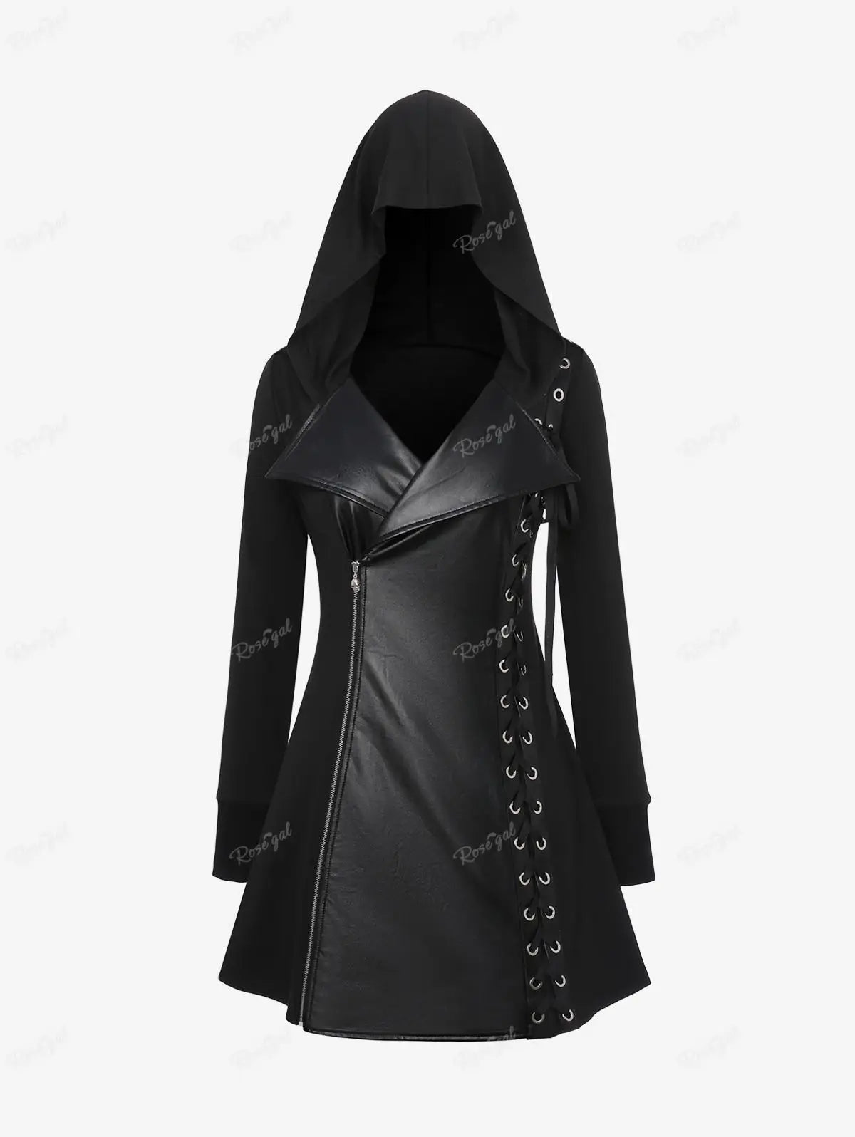 Gothic PU Panel Kapuzenmantel mit Schnürung und Kapuze für Damen
