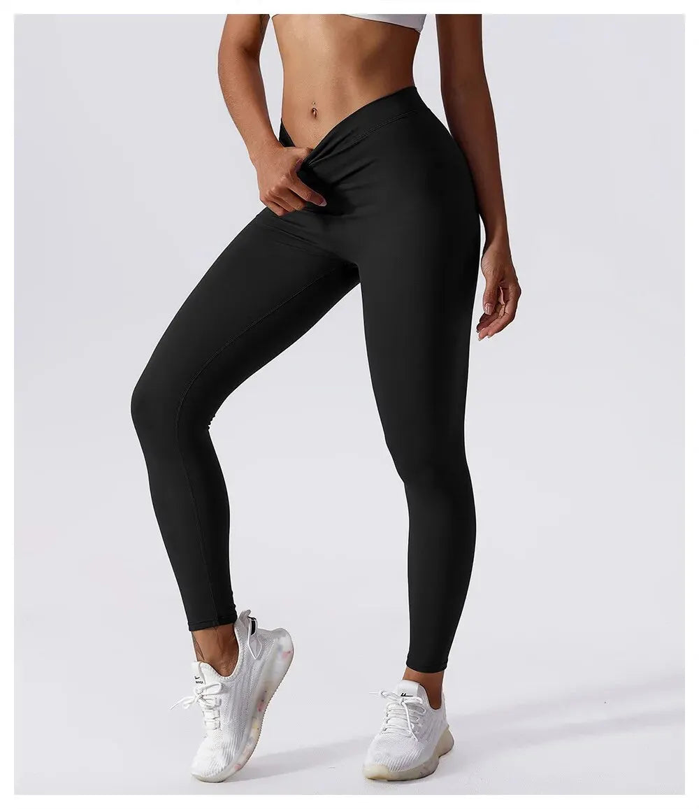 Damen Yoga Sports Leggings mit V-Taille hinten, Hohe Taille