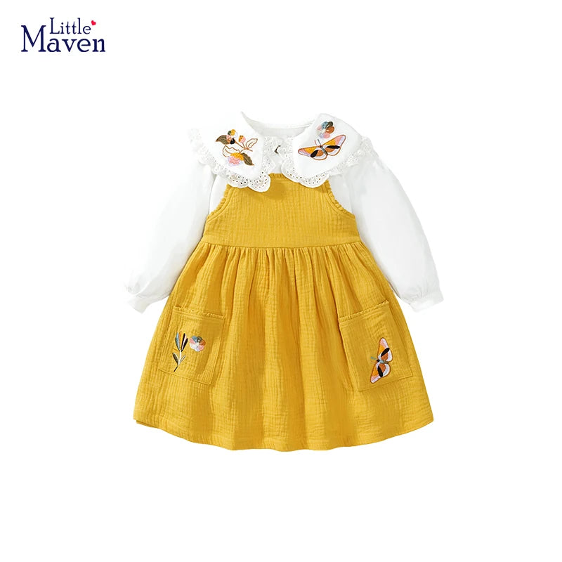 Little Maven Baby Mädchen Kleid mit Bluse Set Stickerei Schmetterling Blume