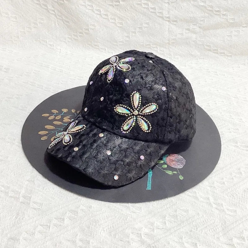 Damen Baseball Caps Spitze Strass Atmungsaktive Mesh Snapback Hut Hip Hop
