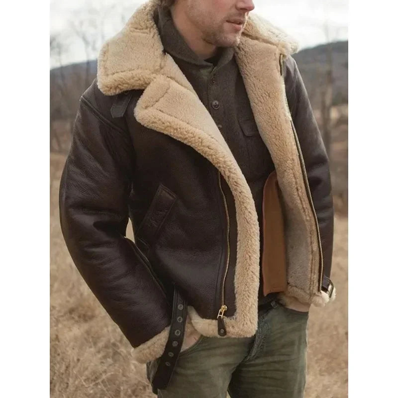 Vintage-Lederjacke für Herren, lässig, mit Reißverschluss, dickes warmes Fell, Piloten-PU-Jacke