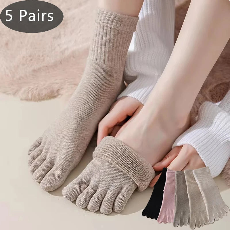 5 Paar Damen dicke Winter 5-Zehen Frottee Socken Baumwolle