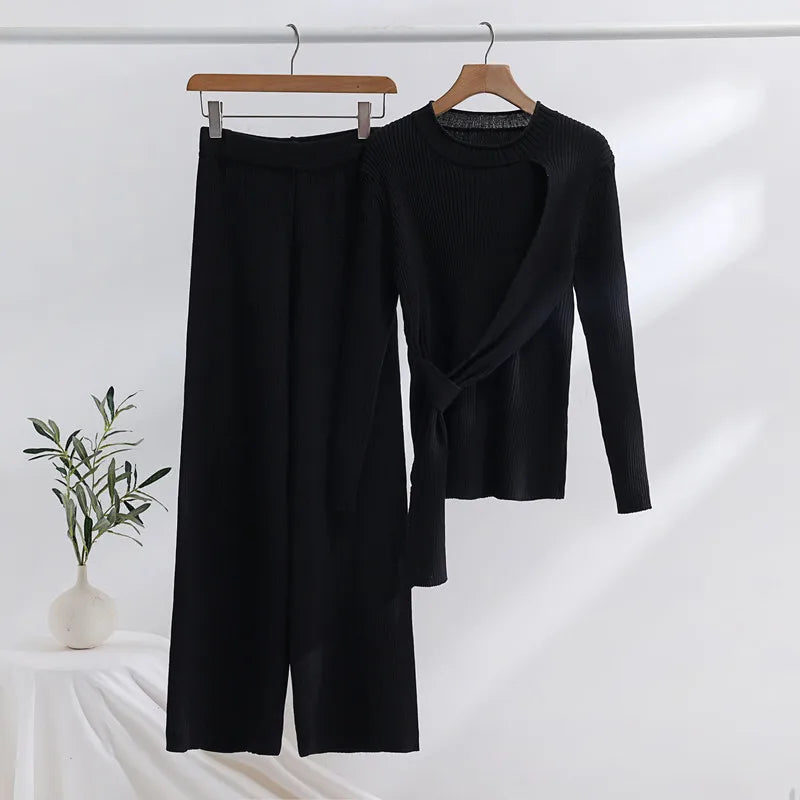 Damen gestricktes Conjuntos 2-teiliges Set, langärmlige Pullover, Hose mit hoher Taille und weiten Beinen