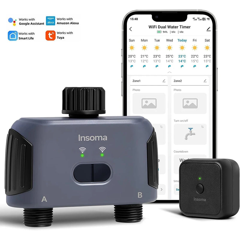 Insoma Automatischer Wassertimer mit WLAN Hube 2-Auslass Gartenbewässerung Bewässerungssystem Sprinkler kompatibel mit Alexa