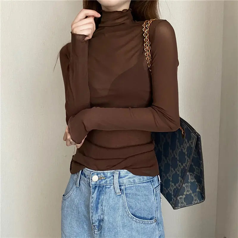 Damen Shirt transparent Mesh Top Langarm Rollkragen