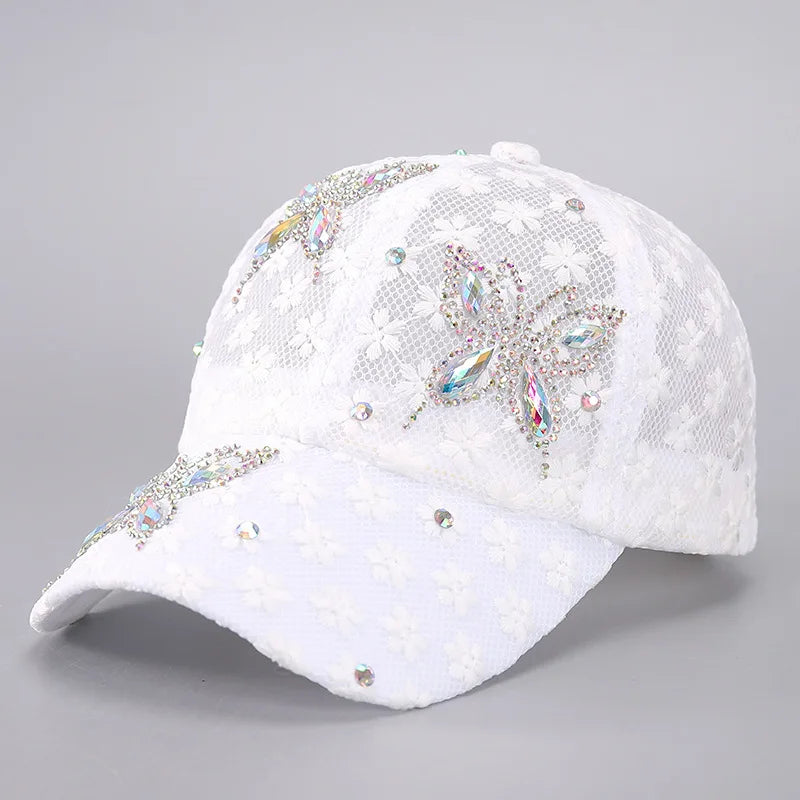 Damen Baseball Caps Spitze Strass Atmungsaktive Mesh Snapback Hut Hip Hop