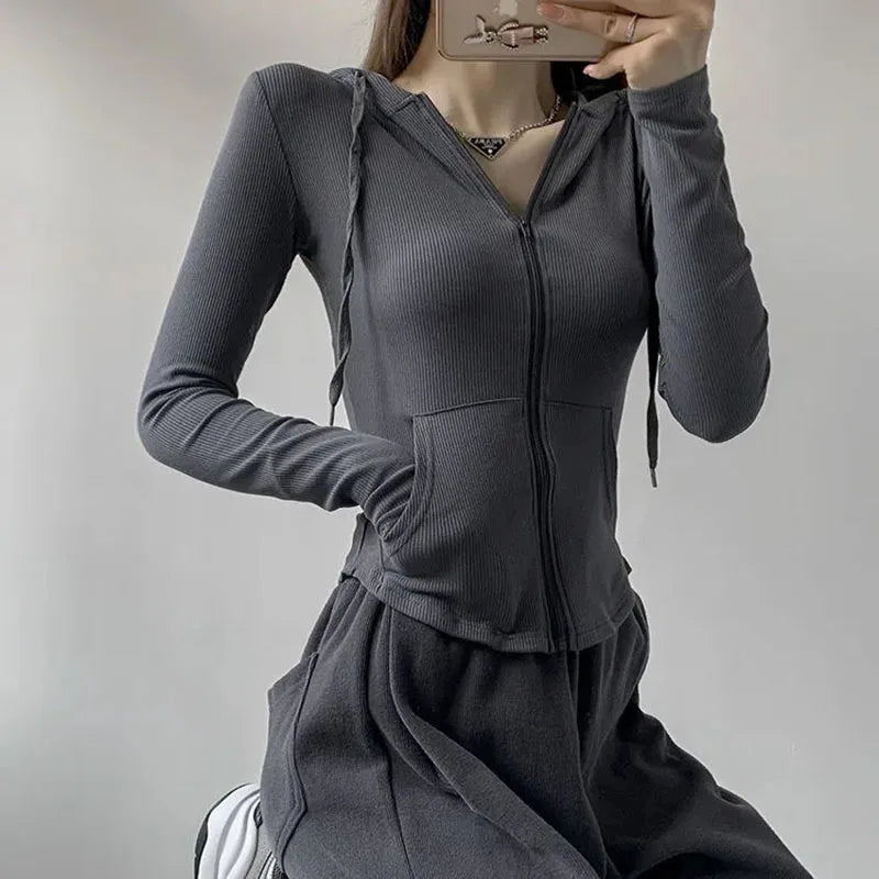 Gothic Streetwear Oversized T-Shirts Women Zipper Hooded Cardigan Sport Solid Long Sleeve Gray Slim Fit Tops Tracksuit
